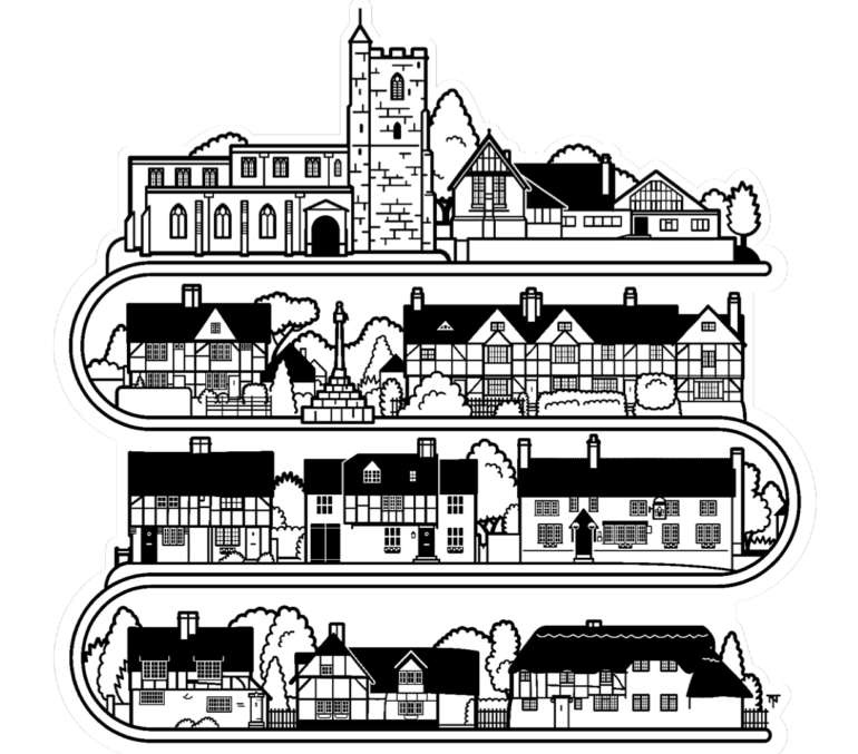 Black and white image of houses hand drawn