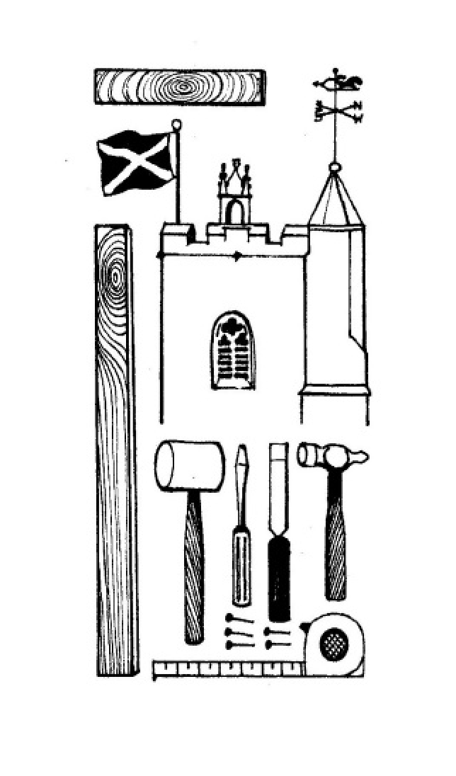 Graphic image of the church tower & tools